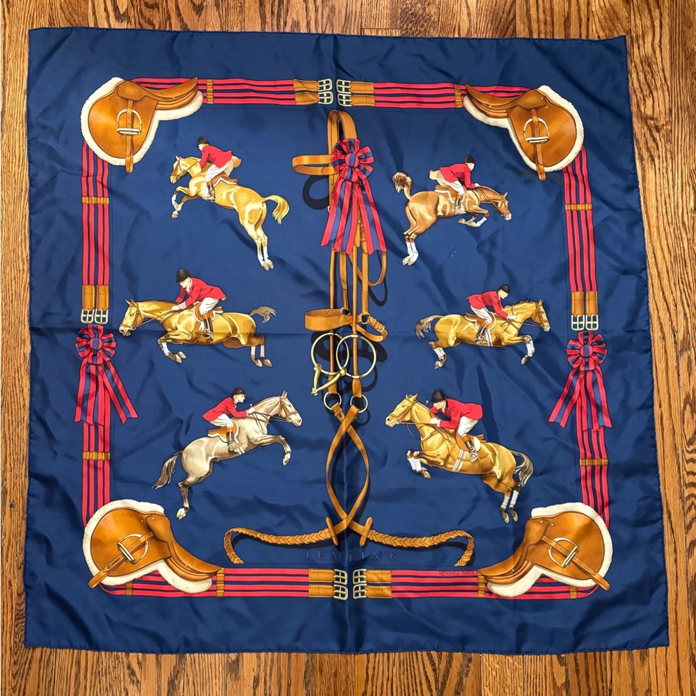 Hermes Vintage Jumping by Ledoux Equestrian Horse Theme red Blue Silk Scarf